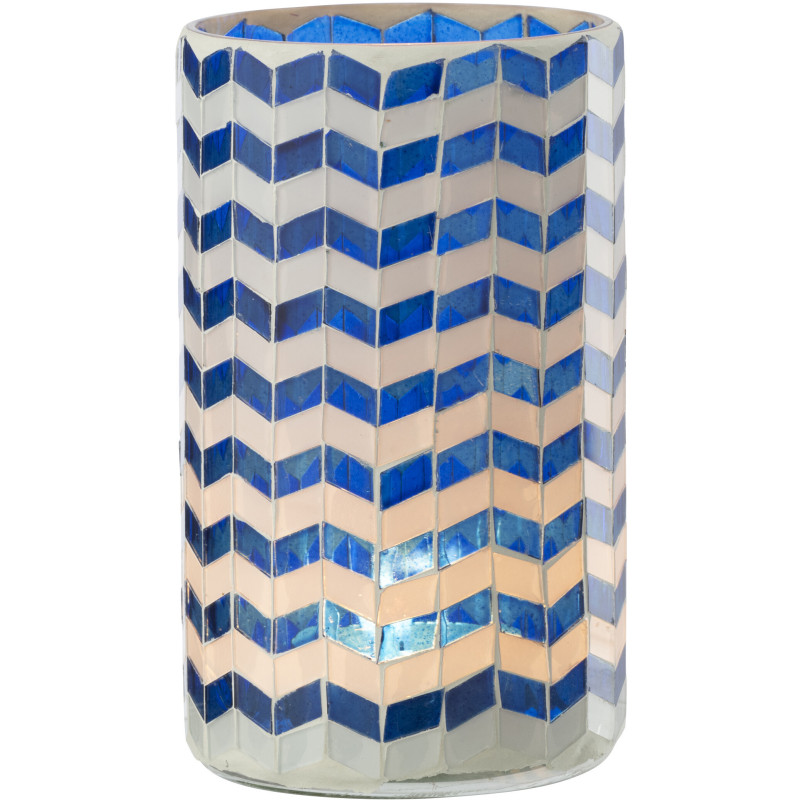 Grand Photophore Bord de mer style méditerrannée D 10 cm Verre Bleu Blanc Motif mosaïque Marbella 