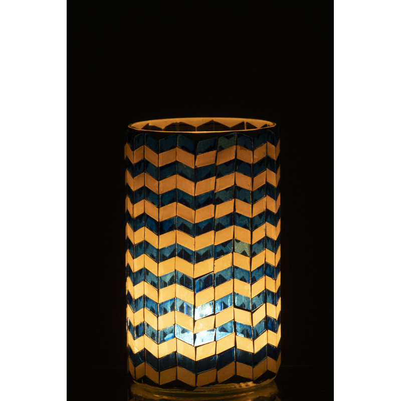 Grand Photophore Bord de mer style méditerrannée D 10 cm Verre Bleu Blanc Motif mosaïque Marbella 