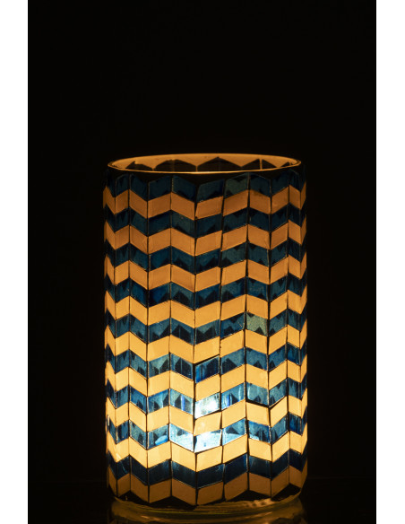 Grand Photophore Bord de mer style méditerrannée D 10 cm Verre Bleu Blanc Motif mosaïque Marbella 