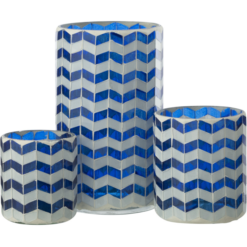 Grand Photophore Bord de mer style méditerrannée D 10 cm Verre Bleu Blanc Motif mosaïque Marbella 