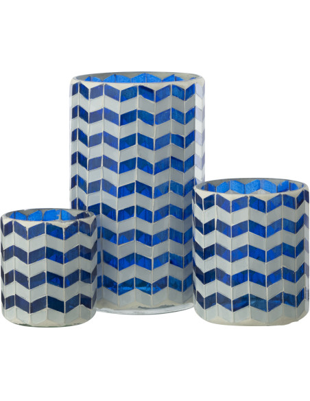 Grand Photophore Bord de mer style méditerrannée D 10 cm Verre Bleu Blanc Motif mosaïque Marbella 