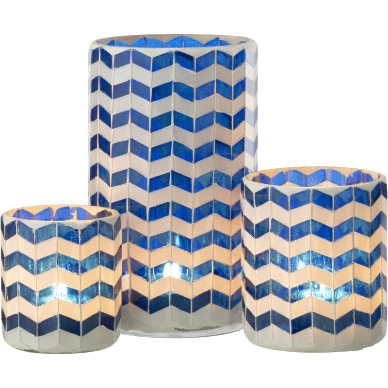 Grand Photophore Bord de mer style méditerrannée D 10 cm Verre Bleu Blanc Motif mosaïque Marbella 