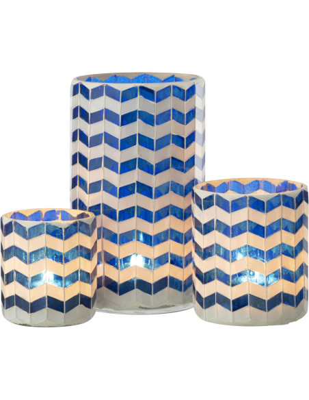 Grand Photophore Bord de mer style méditerrannée D 10 cm Verre Bleu Blanc Motif mosaïque Marbella 