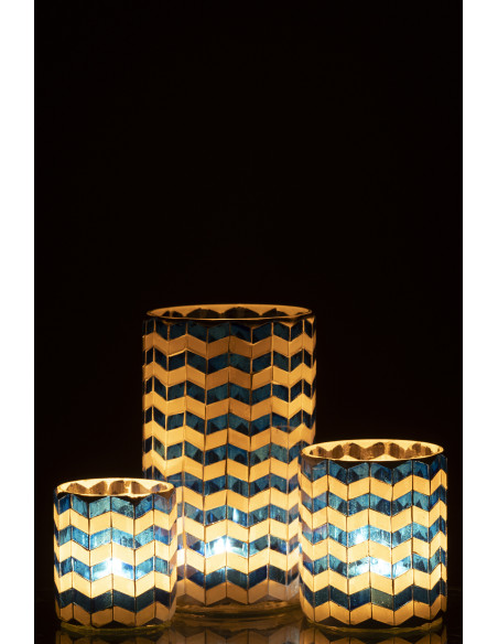 Grand Photophore Bord de mer style méditerrannée D 10 cm Verre Bleu Blanc Motif mosaïque Marbella 