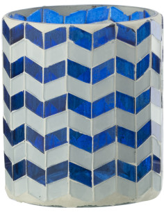 Photophore Bord de mer style méditerrannée D 8 cm Verre Bleu Blanc Motif mosaïque Marbella 