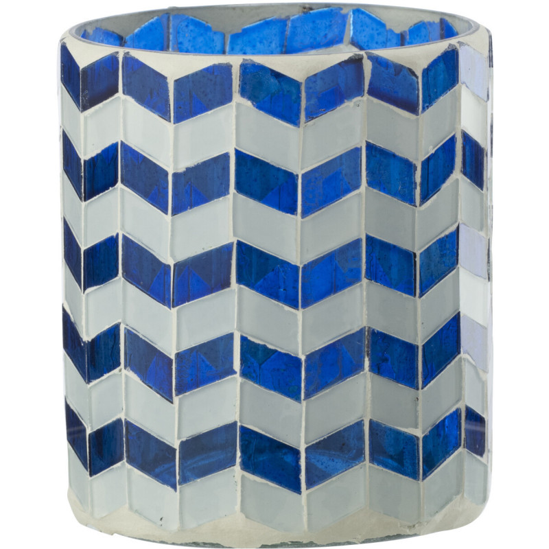 Photophore Bord de mer style méditerrannée D 8 cm Verre Bleu Blanc Motif mosaïque Marbella 
