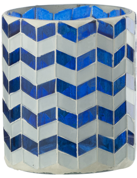 Photophore Bord de mer style méditerrannée D 8 cm Verre Bleu Blanc Motif mosaïque Marbella 