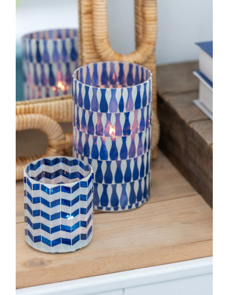 Photophore Bord de mer style méditerrannée D 8 cm Verre Bleu Blanc Motif mosaïque Marbella 