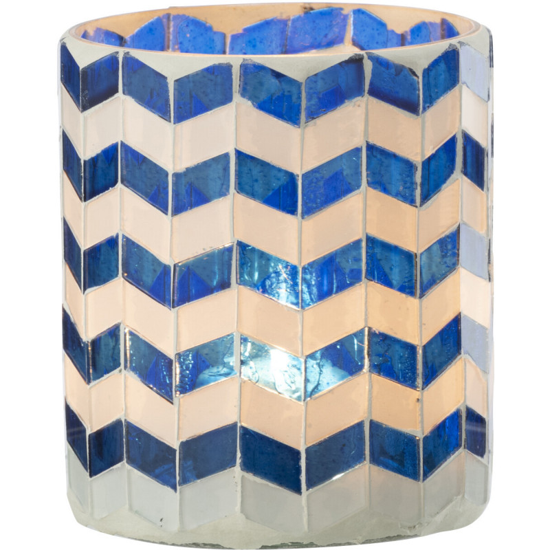 Photophore Bord de mer style méditerrannée D 8 cm Verre Bleu Blanc Motif mosaïque Marbella 