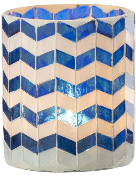 Photophore Bord de mer style méditerrannée D 8 cm Verre Bleu Blanc Motif mosaïque Marbella 