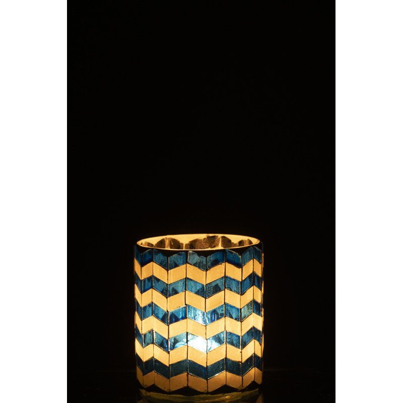 Photophore Bord de mer style méditerrannée D 8 cm Verre Bleu Blanc Motif mosaïque Marbella 