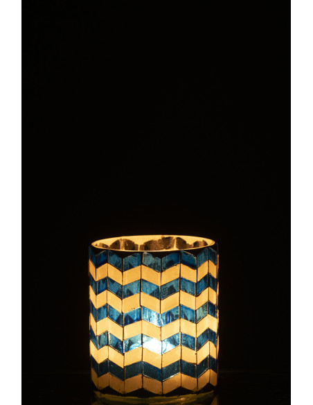 Photophore Bord de mer style méditerrannée D 8 cm Verre Bleu Blanc Motif mosaïque Marbella 