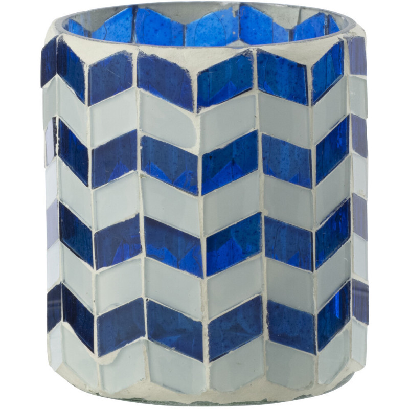 Photophore Bord de mer style méditerrannée D 7 cm Verre Bleu Blanc Motif mosaïque Marbella 