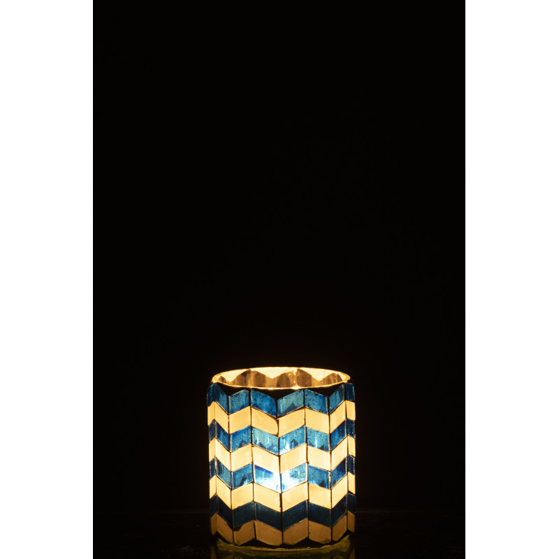 Photophore Bord de mer style méditerrannée D 7 cm Verre Bleu Blanc Motif mosaïque Marbella 