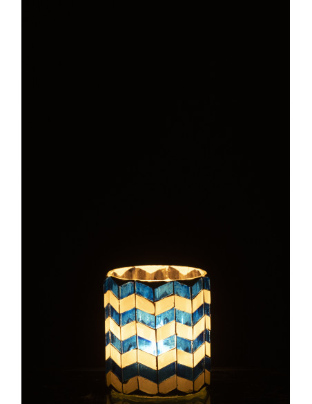 Photophore Bord de mer style méditerrannée D 7 cm Verre Bleu Blanc Motif mosaïque Marbella 