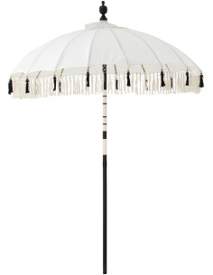 Parasol bohème balinais Rond 180x260 Coton Blanc écru Noir Bois Bambou Flavie 