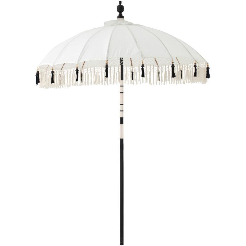Parasol bohème balinais Rond 180x260 Coton Blanc écru Noir Bois Bambou Flavie 