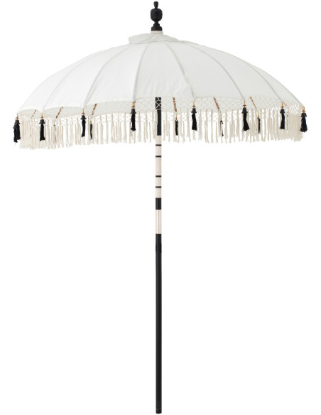 Parasol bohème balinais Rond 180x260 Coton Blanc écru Noir Bois Bambou Flavie 