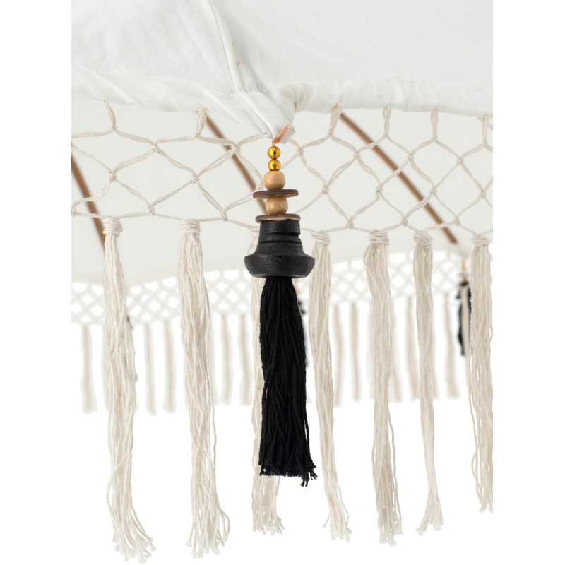Parasol bohème balinais Rond 180x260 Coton Blanc écru Noir Bois Bambou Flavie 
