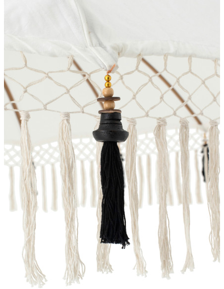 Parasol bohème balinais Rond 180x260 Coton Blanc écru Noir Bois Bambou Flavie 