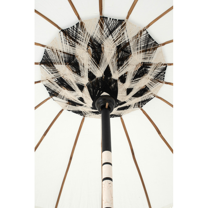 Parasol bohème balinais Rond 180x260 Coton Blanc écru Noir Bois Bambou Flavie 
