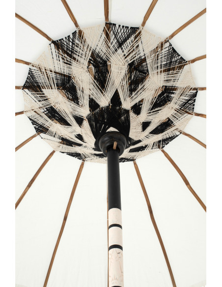 Parasol bohème balinais Rond 180x260 Coton Blanc écru Noir Bois Bambou Flavie 