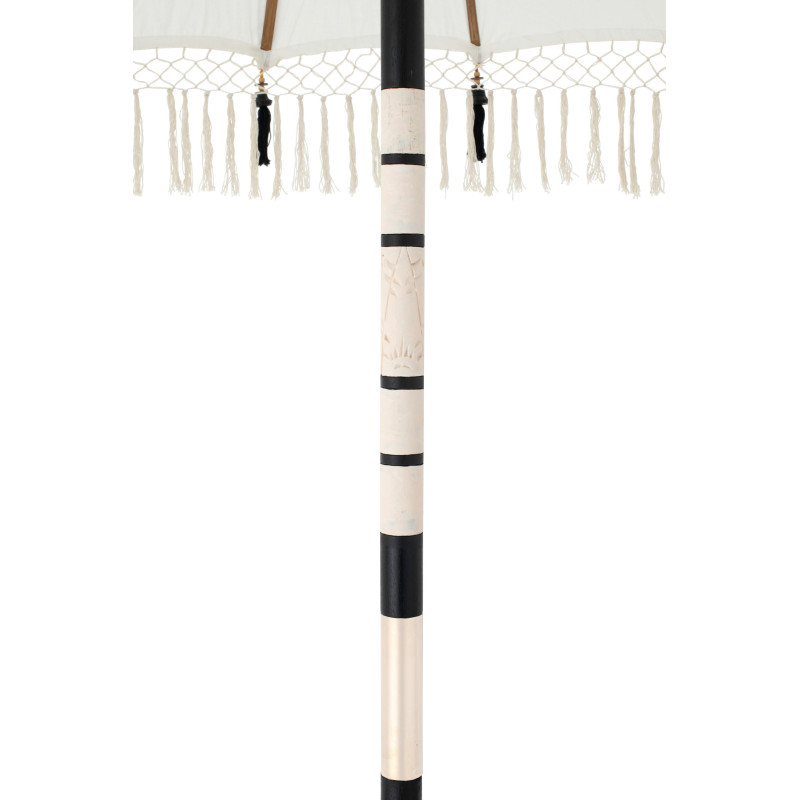 Parasol bohème balinais Rond 180x260 Coton Blanc écru Noir Bois Bambou Flavie 