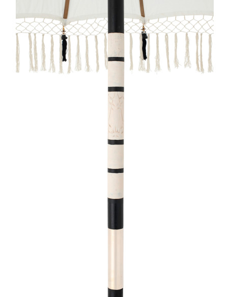 Parasol bohème balinais Rond 180x260 Coton Blanc écru Noir Bois Bambou Flavie 