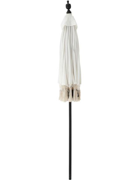 Parasol bohème balinais Rond 180x260 Coton Blanc écru Noir Bois Bambou Flavie 