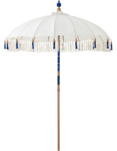 Parasol bohème balinais Rond 180x260 Coton Blanc écru Bleu Bois Bambou Flavie 