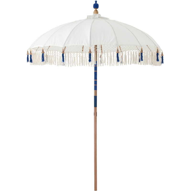 Parasol bohème balinais Rond 180x260 Coton Blanc écru Bleu Bois Bambou Flavie 