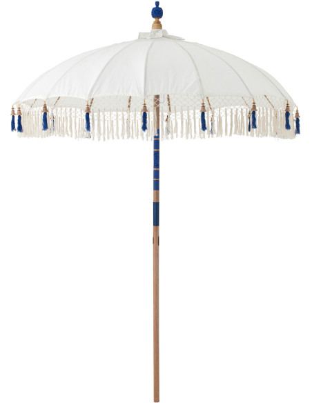 Parasol bohème balinais Rond 180x260 Coton Blanc écru Bleu Bois Bambou Flavie 