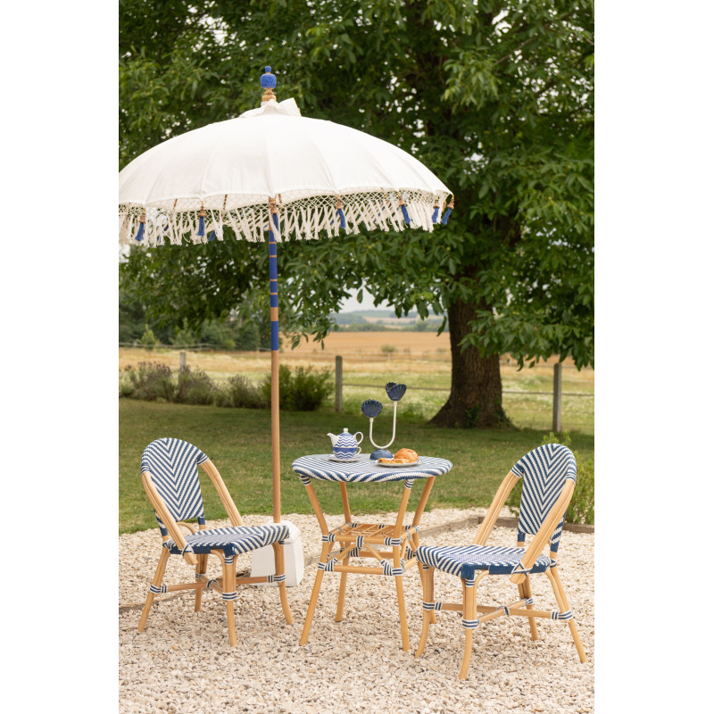 Parasol bohème balinais Rond 180x260 Coton Blanc écru Bleu Bois Bambou Flavie 