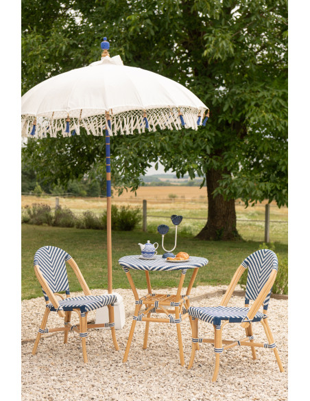 Parasol bohème balinais Rond 180x260 Coton Blanc écru Bleu Bois Bambou Flavie 