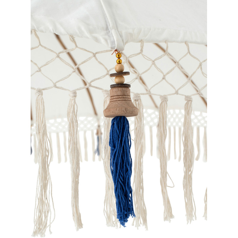 Parasol bohème balinais Rond 180x260 Coton Blanc écru Bleu Bois Bambou Flavie 