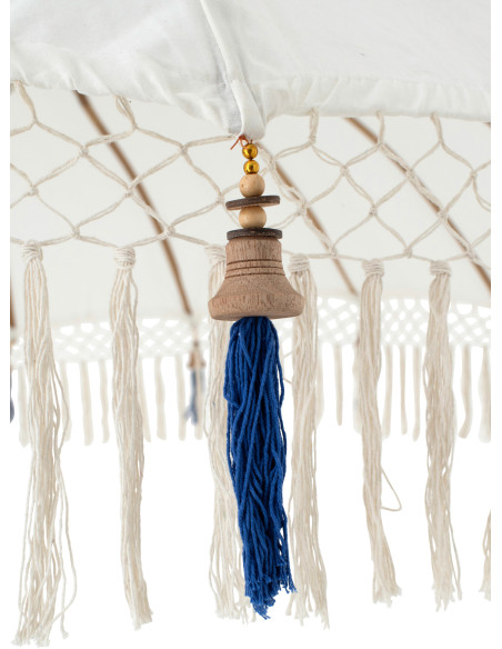 Parasol bohème balinais Rond 180x260 Coton Blanc écru Bleu Bois Bambou Flavie 