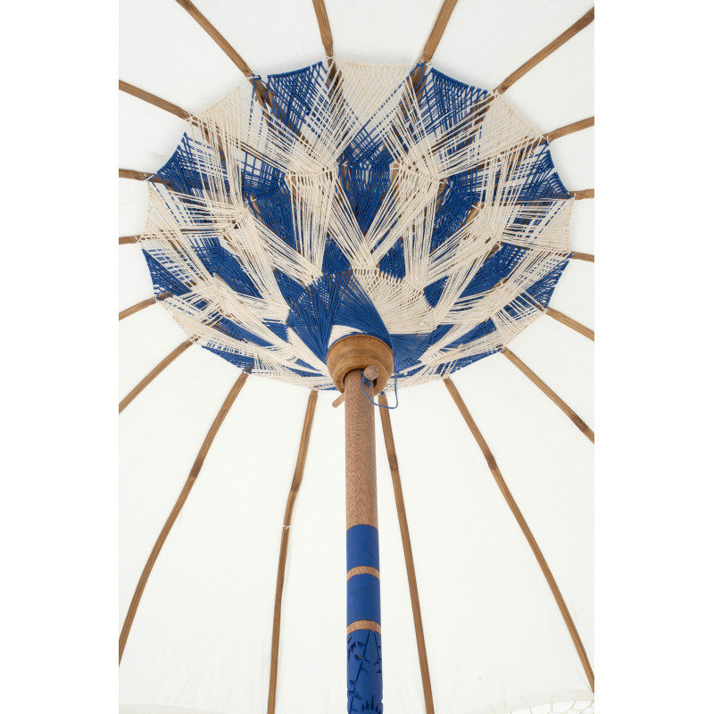 Parasol bohème balinais Rond 180x260 Coton Blanc écru Bleu Bois Bambou Flavie 