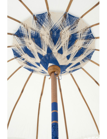 Parasol bohème balinais Rond 180x260 Coton Blanc écru Bleu Bois Bambou Flavie 