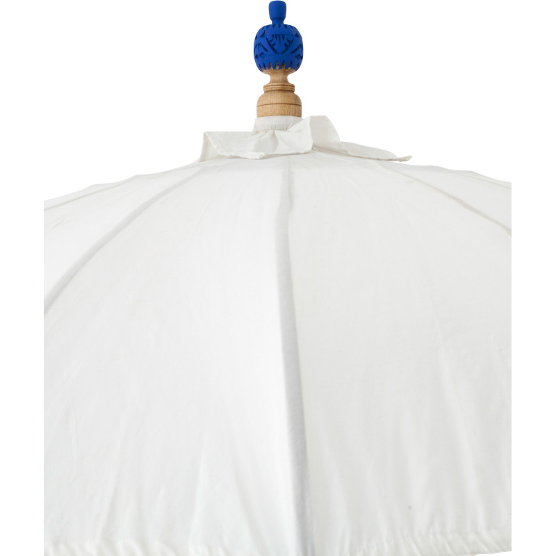 Parasol bohème balinais Rond 180x260 Coton Blanc écru Bleu Bois Bambou Flavie 