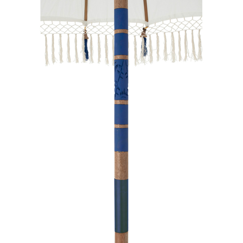 Parasol bohème balinais Rond 180x260 Coton Blanc écru Bleu Bois Bambou Flavie 