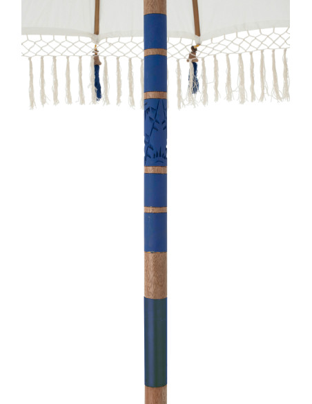Parasol bohème balinais Rond 180x260 Coton Blanc écru Bleu Bois Bambou Flavie 