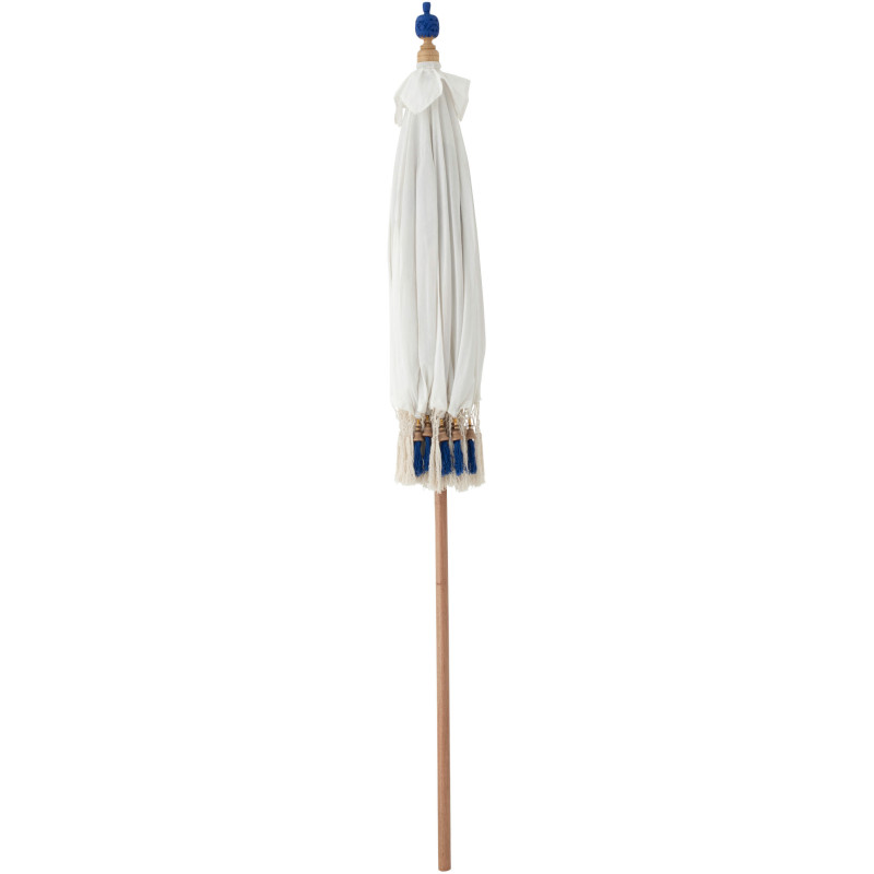 Parasol bohème balinais Rond 180x260 Coton Blanc écru Bleu Bois Bambou Flavie 