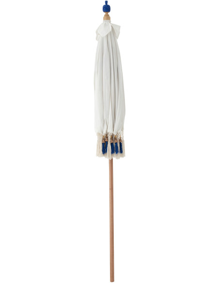 Parasol bohème balinais Rond 180x260 Coton Blanc écru Bleu Bois Bambou Flavie 