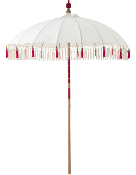 Parasol bohème balinais Rond 180x260 Coton Blanc écru Rose Bois Bambou Flavie