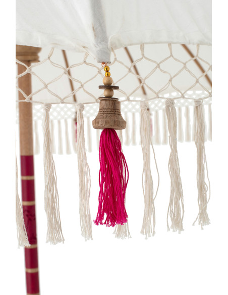 Parasol bohème balinais Rond 180x260 Coton Blanc écru Rose Bois Bambou Flavie