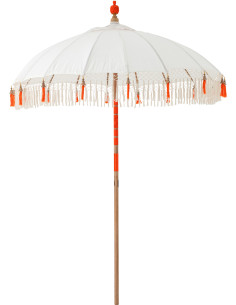 Parasol bohème balinais Rond 180x260 Coton Blanc écru Orange Bois Bambou Flavie 