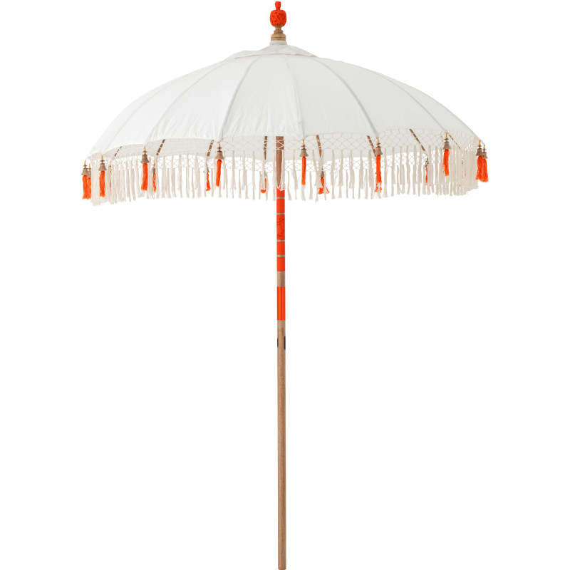 Parasol bohème balinais Rond 180x260 Coton Blanc écru Orange Bois Bambou Flavie 