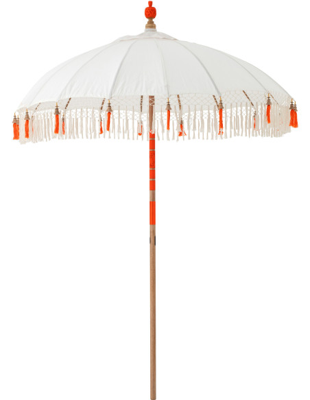 Parasol bohème balinais Rond 180x260 Coton Blanc écru Orange Bois Bambou Flavie 