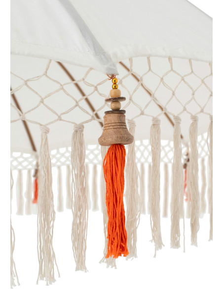 Parasol bohème balinais Rond 180x260 Coton Blanc écru Orange Bois Bambou Flavie 