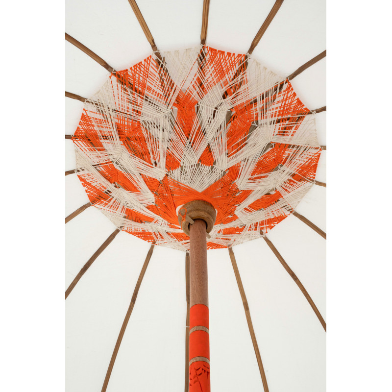 Parasol bohème balinais Rond 180x260 Coton Blanc écru Orange Bois Bambou Flavie 